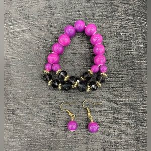 Beaded stretch bracelet and earring set. Purple/ double black 2 strand w/silver.